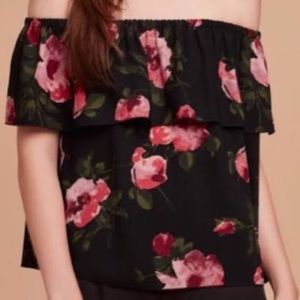 Aritzia Wilfred Black Ruffle Floral Off the Shoulder Top
